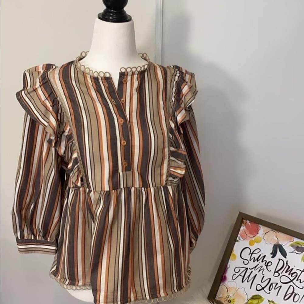 Ruffle blouse very nice fitting Striped shirt Brown and White colour